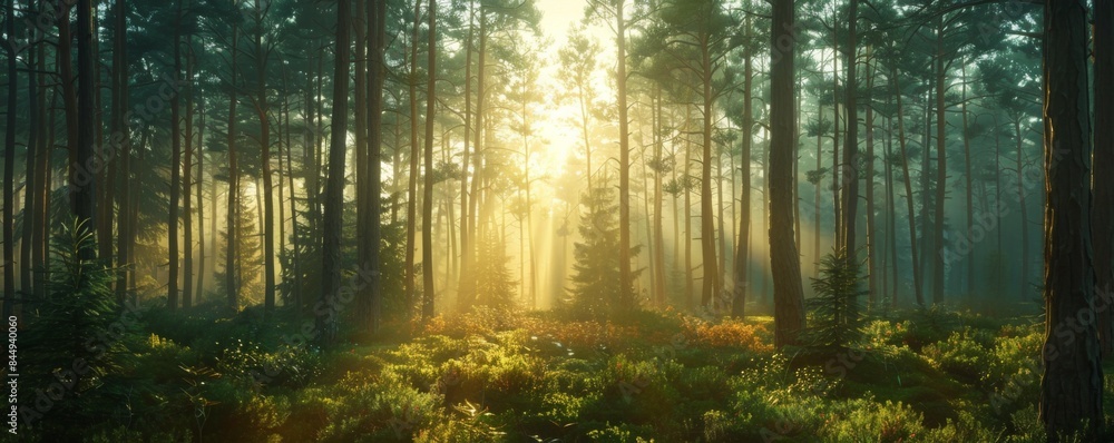 Obraz premium Sunlight filtering through tall pine trees