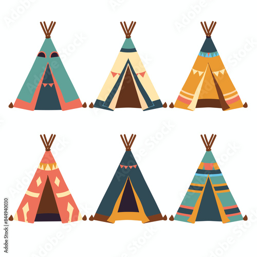 Collection colorful teepees traditional Native American homes flat design. Teepee tents tribal camp dwellings camping outdoors cultural representation. Set indigenous shelters nomadic life graphics