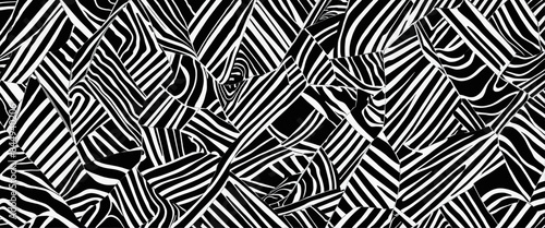 Modern abstract black and white zebra-inspired seamless pattern set with artistic hand-drawn elements, perfect for fashion, textile, and wallpaper designs