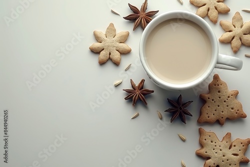 Festive cookies and a cup of spiced milk set on a white table against a pastel background, capturing a warm and cozy holiday scene