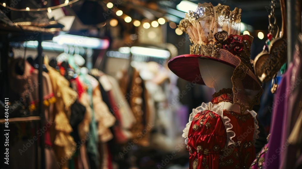 Naklejka premium A blurred and dreamy shot of props and costumes stacked haphazardly in a dressing room hinting at the chaos and magic of a stage production. .