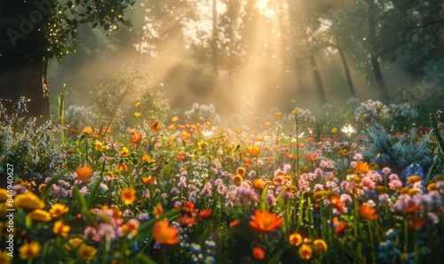 Sunlit meadow with flowers