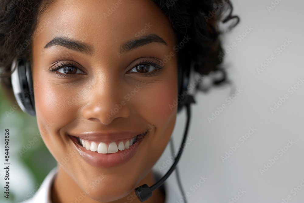 Customer service representative is smiling while wearing a headset in a call center. She has beautiful white teeth and friendly eyes Customer service representative is smiling while wearing a headset in a call center. She has beautiful white teeth and friendly eyes