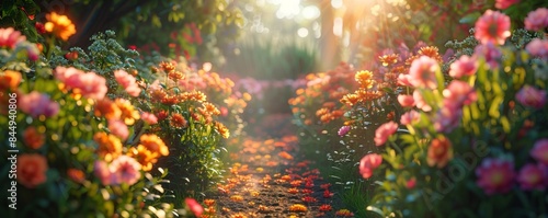 Sunlit path through a blooming garden
