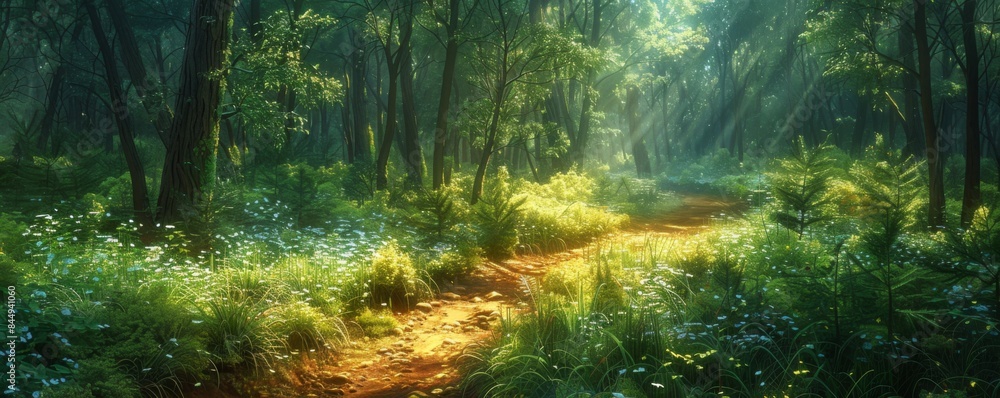 Fototapeta premium Sunlit path through a lush forest