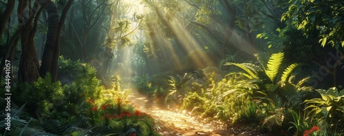 Sunlit path through a lush forest