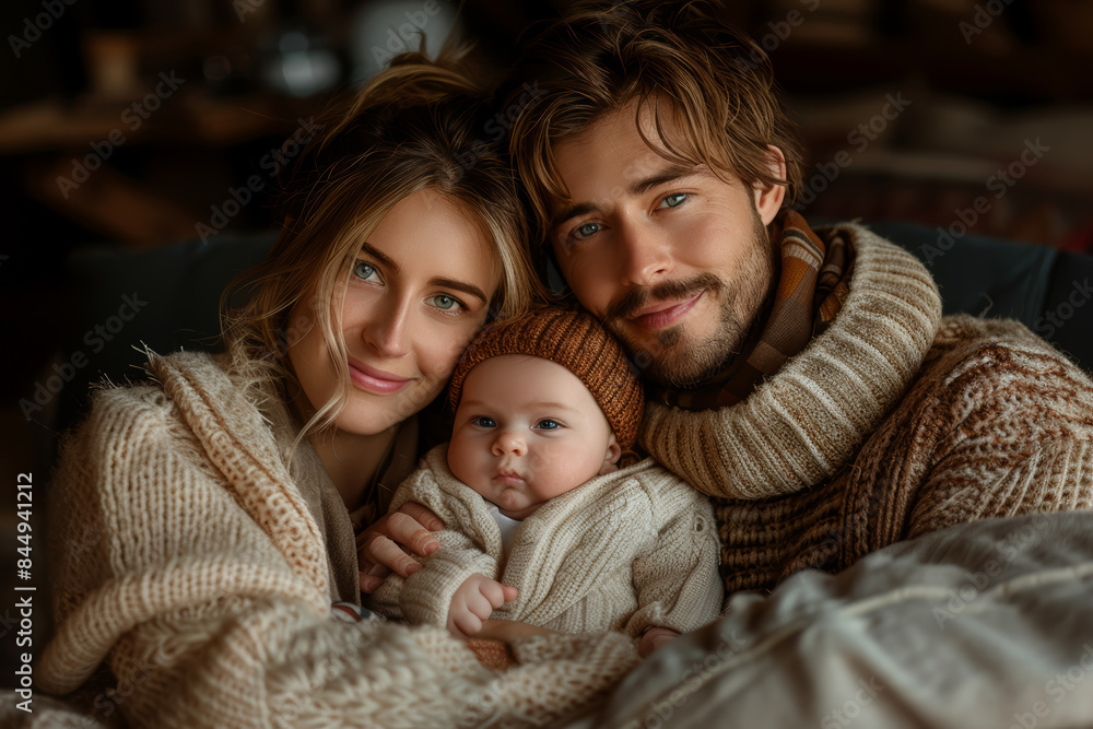 A family cuddling together on the couch with their newborn. Concept of bonding and familial love. Generative Ai. A family cuddling together on the couch with their newborn. Concept of bonding and familial love. Generative Ai.