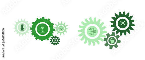 Go green strategy concept cogwheels set vector design with business concept icons. Gears set graphic to use for green energy, business, teamwork, mechanics and engineering projects. 