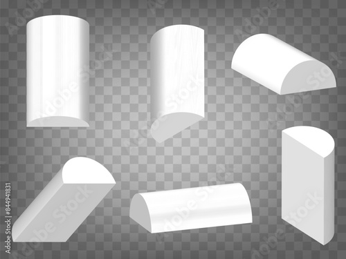 Set of perspective projections 3d model of realistic half cylinder  on transparent background.  Half cylinder 3d icon with different views and angles.  Abstract concept of graphic elements for your de