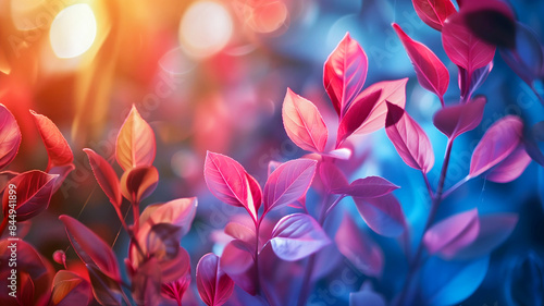 Obraz na płótnie Pink leaves and foliage isolated on blue bokeh background, bright floral template, copy space area w salonie