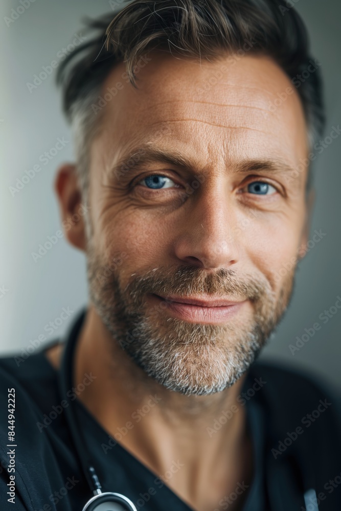 Obraz premium Smiling doctor in scrubs and a white coat exudes confidence and happiness, radiating positivity and expertise in healthcare. Ideal for illustrating a healthy lifestyle