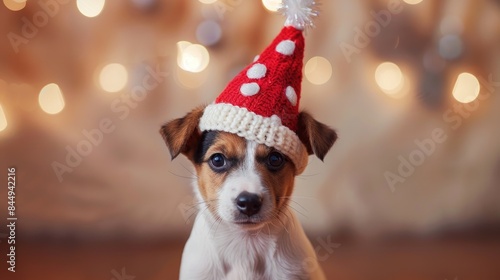 Adorable puppy in festive hat for birthday card or invitation photo