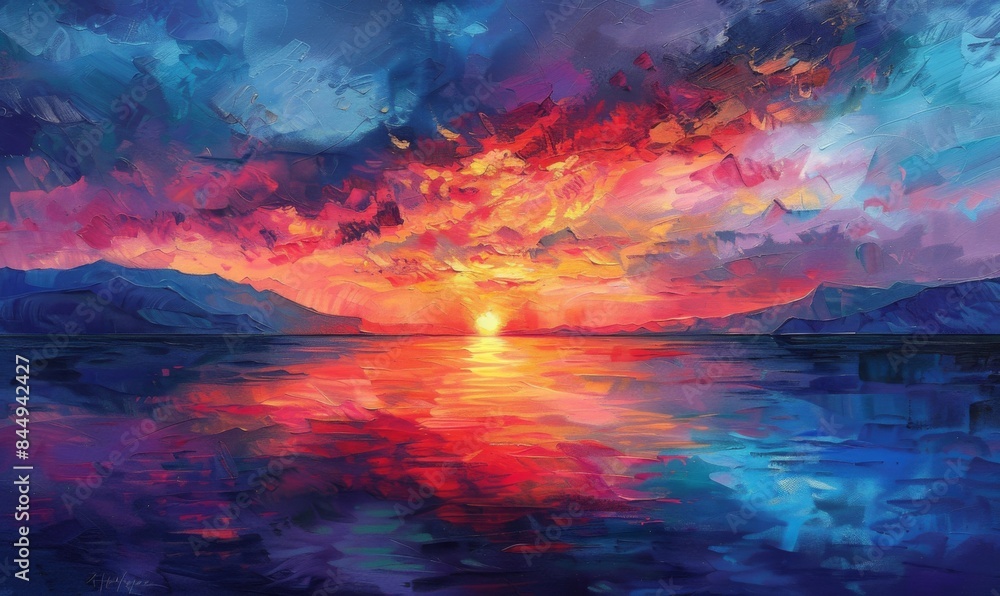 Naklejka premium Vibrant sunset over a calm sea