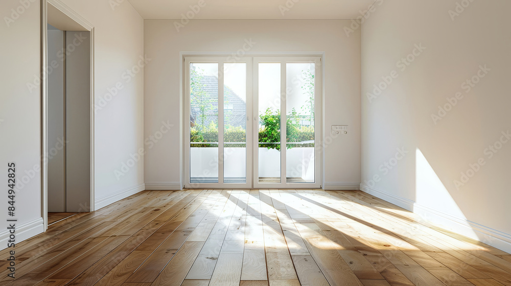 Empty living room with sunlight, wooden floor, white wall. Repair. Background. Empty living room with sunlight, wooden floor, white wall. Repair. Background.