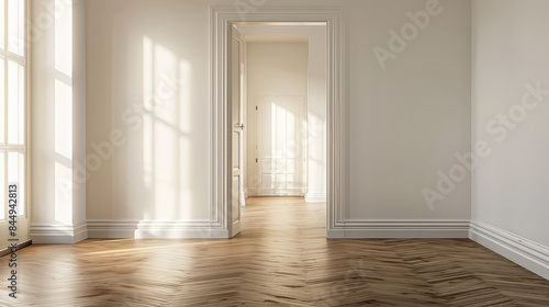 Empty living room with sunlight, wooden floor, white wall. Repair. Background.