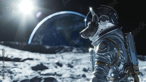 Space dog in a hightech silver spacesuit, standing on a lunar surface with Earth shining in the background