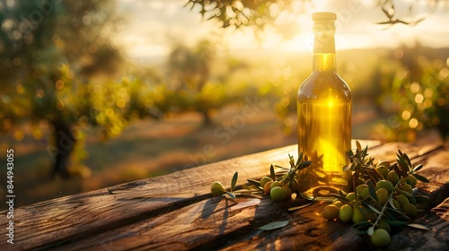 golden olive oil bottle on wooden table olive field in morning sunshine with copyspace area photo