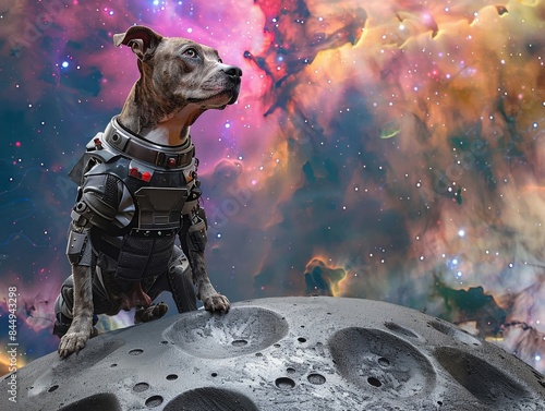 Canine space explorer in a hightech suit, standing on a metallic asteroid with a nebulafilled sky photo