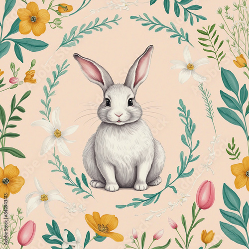 Adorable vintage Easter card with a cute rabbit and spring flower decoration  in a hand-drawn art style perfect for a festive celebration