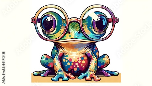 Cartoon colorful frog with sunglasses. Illustration of a smart frog with glasses, ideal for graphics and emotions of intelligence and modernity. Generative AI