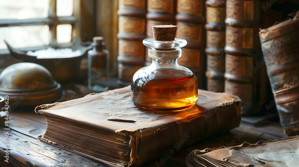 a bottle of oil sits on top of a vintage book with other books and objects in the background, retro antique background