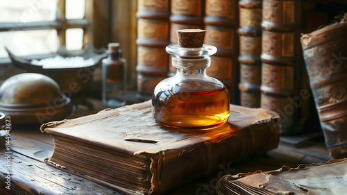 Obraz na płótnie a bottle of oil sits on top of a vintage book with other books and objects in the background, retro antique background w salonie