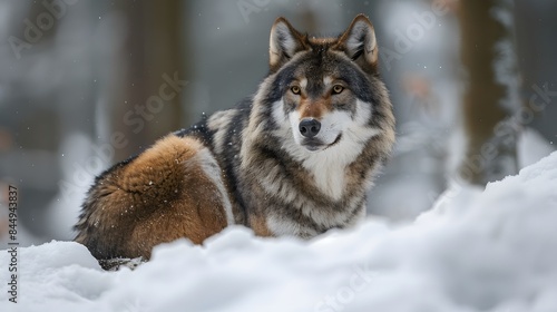 grey wolf setting on snow in the woods at winter with copyspace © Love Mohammad