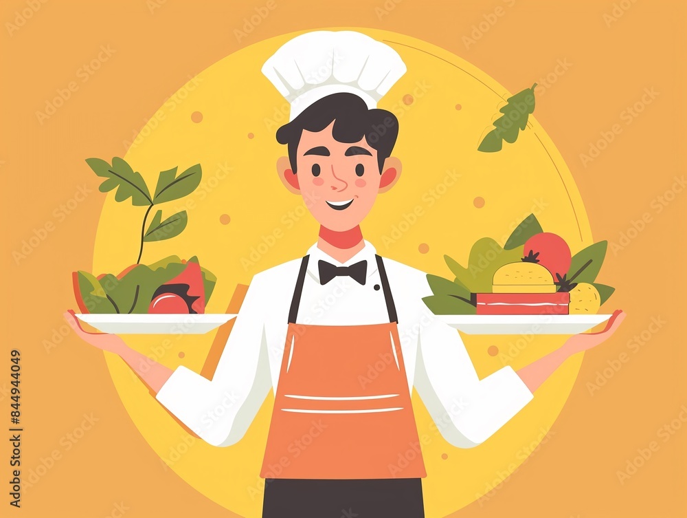 Waiter recommending dish flat design front view menu suggestion cartoon drawing Splitcomplementary color scheme Waiter recommending dish flat design front view menu suggestion cartoon drawing Splitcomplementary color scheme