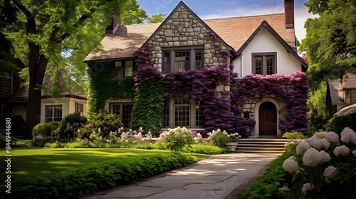 Panoramic view of a beautiful house in the garden with flowers © Iman