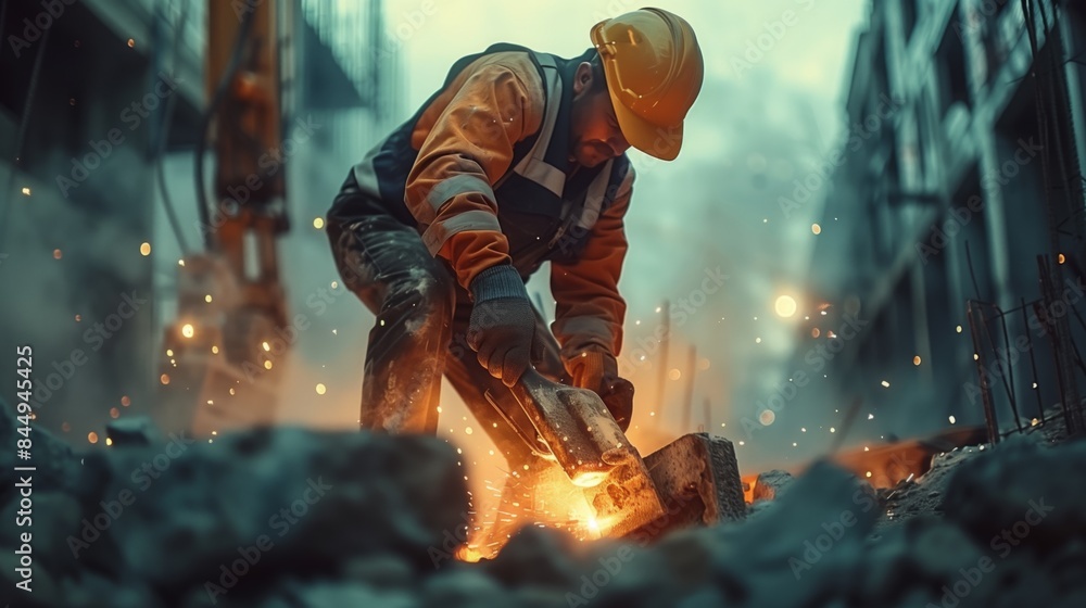 A construction worker uses a jackhammer to break up concrete during demolition A construction worker uses a jackhammer to break up concrete during demolition