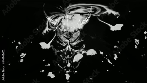 Demon in a mask with horns. Moving patterns of white paint, black background