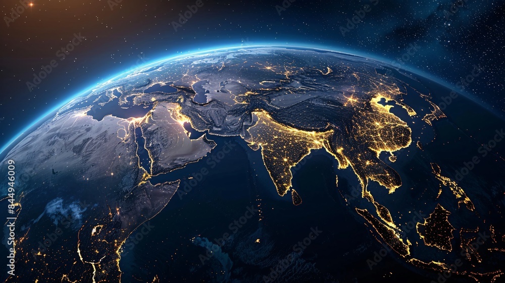 Fototapeta premium Earth at Night: A View of Asia and the Middle East