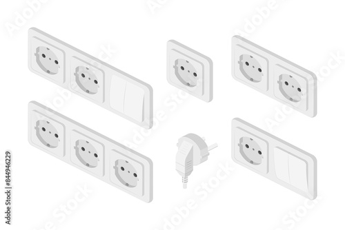 isometric power outlet plug electric socket european type f switcher set vector flat illustration