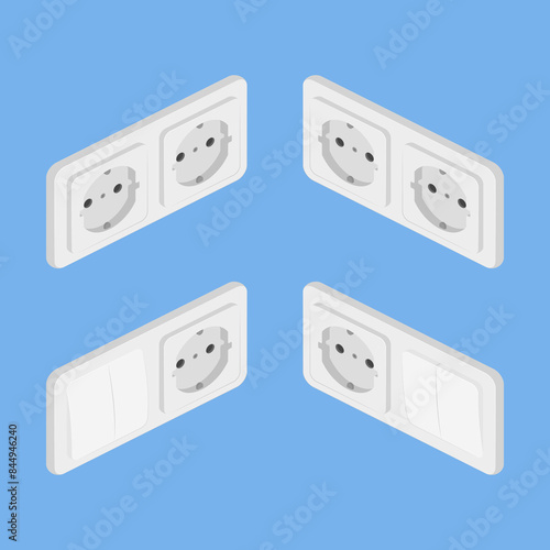 isometric power outlet electric socket european type f switcher set vector flat illustration