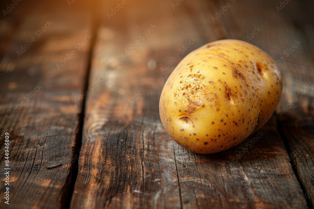 A single, golden-brown, unpeeled potato on a rustic wooden table with dramatic lighting.. AI generated. A single, golden-brown, unpeeled potato on a rustic wooden table with dramatic lighting.. AI generated.