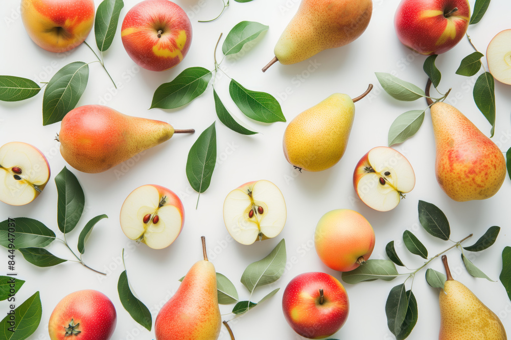 Fresh Apples and Pears with Leaves on White Fresh Apples and Pears with Leaves on White