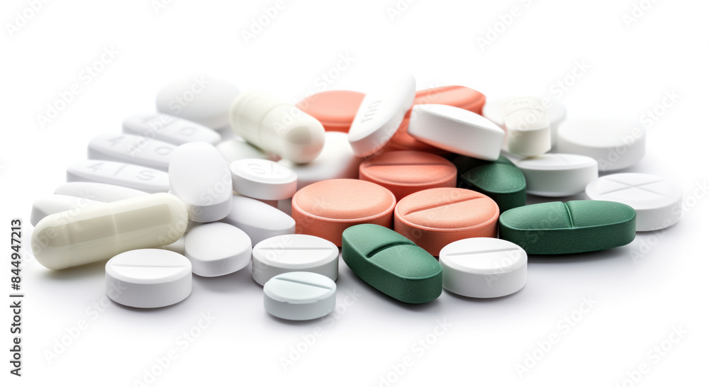 Assorted Medication Pills on White Background