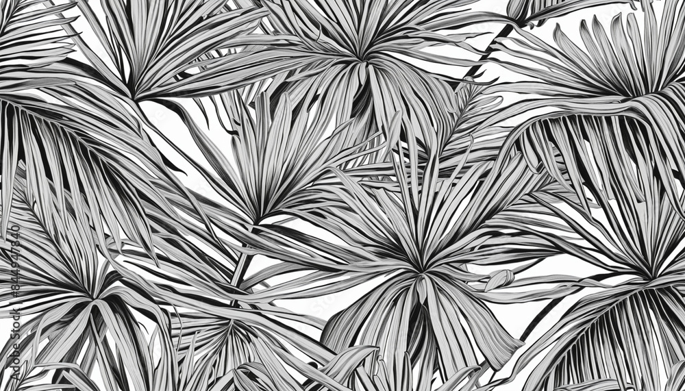 Abstract black and white tropical palm tree illustration with an artistic hand-drawn design, perfect for a beach vacation background or fashion fabric print Abstract black and white tropical palm tree illustration with an artistic hand-drawn design, perfect for a beach vacation background or fashion fabric print