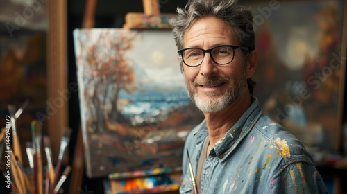 A male artist smiles in his studio, holding a brush and palette photo