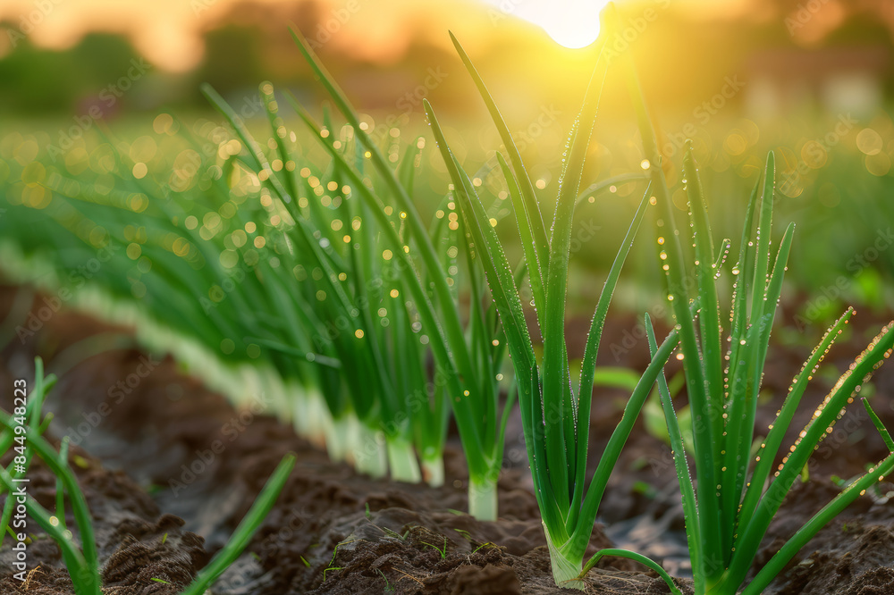 An onion field at sunrise, with rows of green onion plants and dew droplets glistening on the leaves.. AI generated. An onion field at sunrise, with rows of green onion plants and dew droplets glistening on the leaves.. AI generated.
