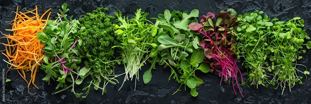 Fototapeta premium A variety of colorful microgreens, including arugula, mustard, and cilantro, are arranged on a black surface, showcasing their vibrant hues. Generative AI