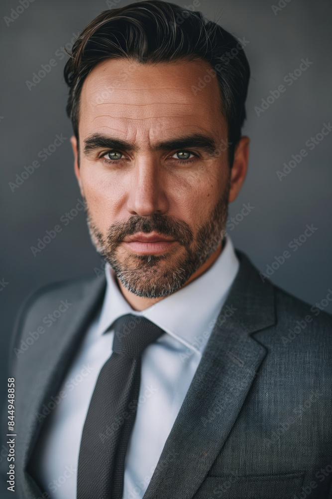 Confident businessman in sharp suit and tie against grey background exudes success and professionalism, embodying charisma and determination Confident businessman in sharp suit and tie against grey background exudes success and professionalism, embodying charisma and determination