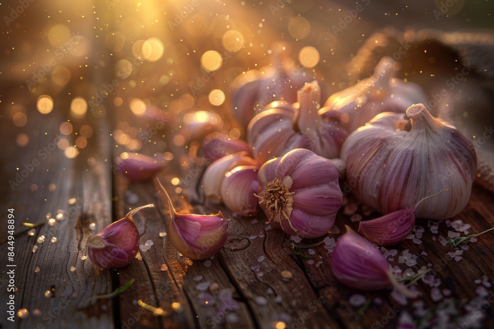 A close-up of fresh garlic bulbs and cloves on a rustic wooden table.. AI generated.