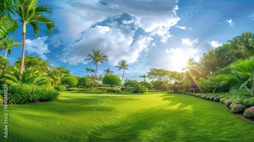 A lush green garden with a palm tree in the background.