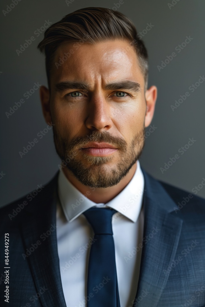 Corporate professional with a beard and blue eyes is posing in a studio setting, conveying a sense of confidence and authority Corporate professional with a beard and blue eyes is posing in a studio setting, conveying a sense of confidence and authority