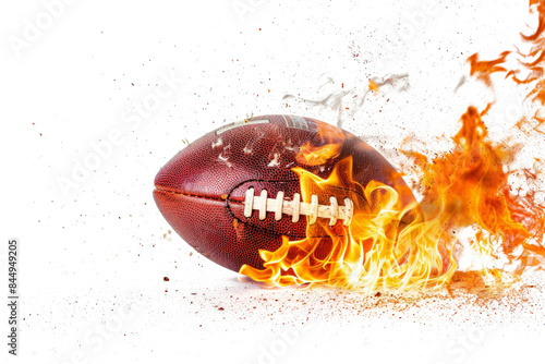 american footbal lball with bright flame flying on white background