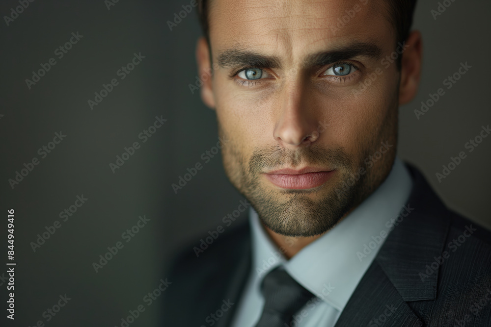 Confident businessman in stylish suit against grey background exudes professionalism with determined gaze, reflecting success and executive presence Confident businessman in stylish suit against grey background exudes professionalism with determined gaze, reflecting success and executive presence