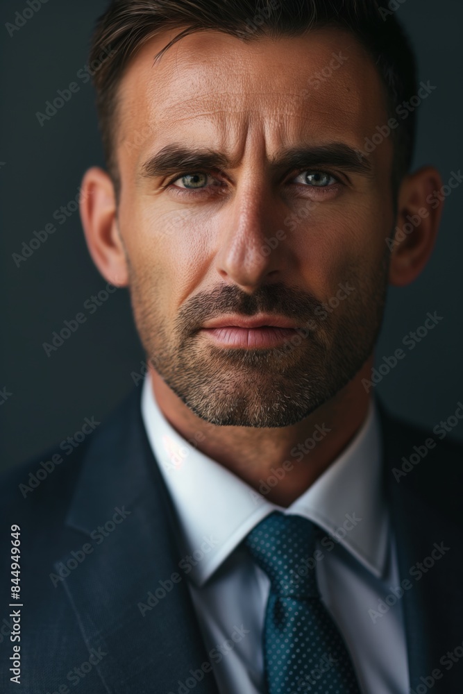 Confident businessman in suit and tie standing against dark grey background. Professional and successful, gazing directly at camera with serious expression. Corporate leader in office setting Confident businessman in suit and tie standing against dark grey background. Professional and successful, gazing directly at camera with serious expression. Corporate leader in office setting