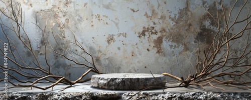 Empty round stone podium on stone top table with dried branches decoration on grunge background photo