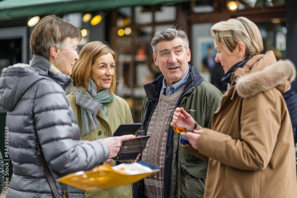 Smiling senior couple paying with credit card and mobile phone at street Smiling senior couple paying with credit card and mobile phone at street